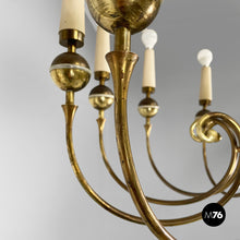 将图片加载到图库查看器,Chandelier in brass and white metal, 1950s