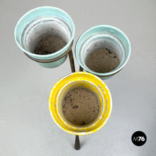 Load image into Gallery viewer, Brass and light blue and yellow metal floor ashtray, 1950s