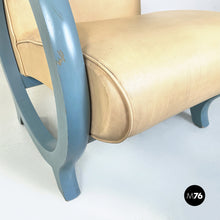 Load image into Gallery viewer, Armchair in beige leather and light blue wood, 1980s