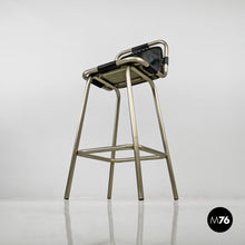将图片加载到图库查看器,Stools in metal and black leather, 1970s