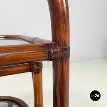 画像をギャラリービューアに読み込む, Double-shelf coffee table in smoked glass and dark bamboo, 1960s