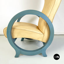 Load image into Gallery viewer, Armchair in beige leather and light blue wood, 1980s