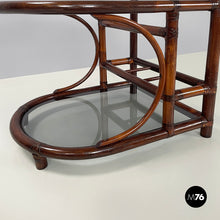 画像をギャラリービューアに読み込む, Double-shelf coffee table in smoked glass and dark bamboo, 1960s