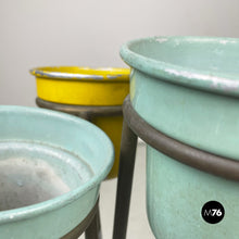 Load image into Gallery viewer, Brass and light blue and yellow metal floor ashtray, 1950s