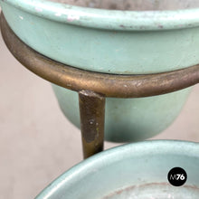 Load image into Gallery viewer, Brass and light blue and yellow metal floor ashtray, 1950s