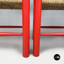 Charger l'image dans la galerie, Chairs with armrests in red wood and straw, 1970s