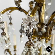 画像をギャラリービューアに読み込む, Glass drop chandelier with brass structure, 1900-1950s