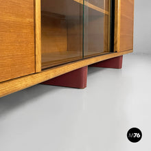 画像をギャラリービューアに読み込む, Sideboard in wood, glass and burgundy leather, 1960s
