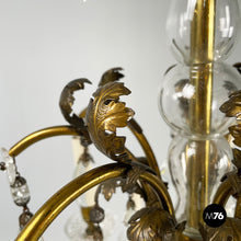 画像をギャラリービューアに読み込む, Glass drop chandelier with brass structure, 1900-1950s