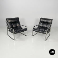 将图片加载到图库查看器,Armchairs in metal and black synthetic leather, 1970s