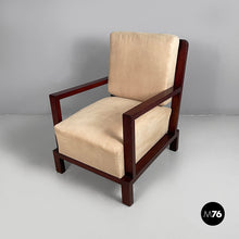 将图片加载到图库查看器,Armchair in wood and beige fabric, 1930s