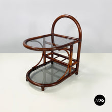 画像をギャラリービューアに読み込む, Double-shelf coffee table in smoked glass and dark bamboo, 1960s