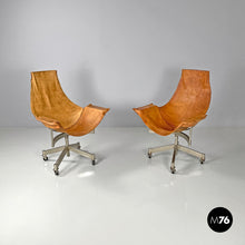 Charger l'image dans la galerie, Brown leather swivel chairs with wheels, 1950s