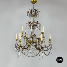 画像をギャラリービューアに読み込む, Glass drop chandelier with brass structure, 1900-1950s