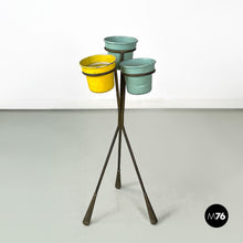 Load image into Gallery viewer, Brass and light blue and yellow metal floor ashtray, 1950s