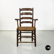 Load image into Gallery viewer, Wood and straw chair with armrests, late 1800s
