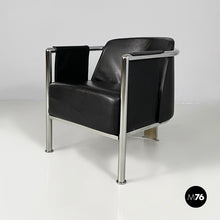 将图片加载到图库查看器,Black leather and steel armchair, 1980s
