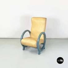 Load image into Gallery viewer, Armchair in beige leather and light blue wood, 1980s