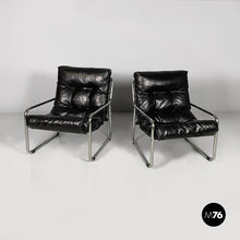Charger l'image dans la galerie, Armchairs in metal and black faux leather, 1970s