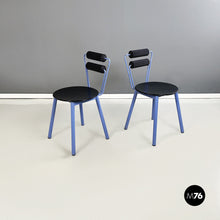 将图片加载到图库查看器,Chairs in blue metal, black wood and black rubber, 1980s