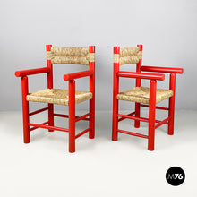 Charger l'image dans la galerie, Chairs with armrests in red wood and straw, 1970s
