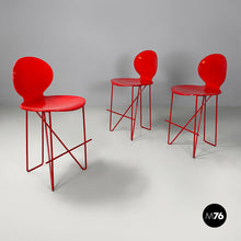 Load image into Gallery viewer, Stools in wood and red metal, 1980s