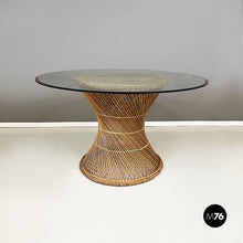 Load image into Gallery viewer, Round dining table in glass and rattan, 1960s