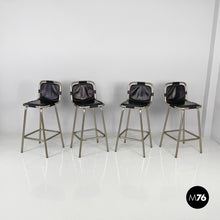 将图片加载到图库查看器,Stools in metal and black leather, 1970s