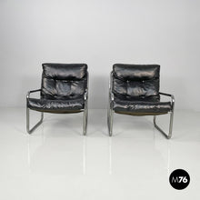 将图片加载到图库查看器,Armchairs in metal and black synthetic leather, 1970s