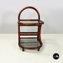 画像をギャラリービューアに読み込む, Double-shelf coffee table in smoked glass and dark bamboo, 1960s