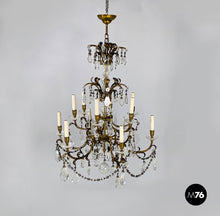 画像をギャラリービューアに読み込む, Glass drop chandelier with brass structure, 1900-1950s
