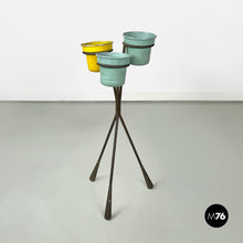 Load image into Gallery viewer, Brass and light blue and yellow metal floor ashtray, 1950s