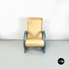 Load image into Gallery viewer, Armchair in beige leather and light blue wood, 1980s