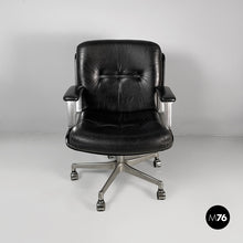 将图片加载到图库查看器,Office armchair in black leather and metal, 1980s