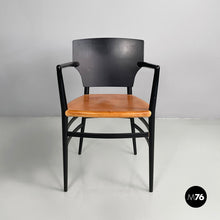 将图片加载到图库查看器,Chairs in black wood and brown leather, 1980s