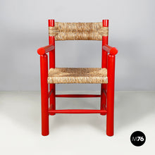 Charger l'image dans la galerie, Chairs with armrests in red wood and straw, 1970s