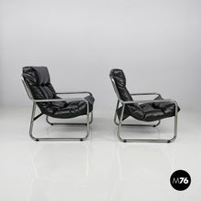将图片加载到图库查看器,Armchairs in metal and black synthetic leather, 1970s