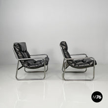 将图片加载到图库查看器,Armchairs in metal and black synthetic leather, 1970s