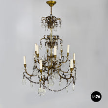 画像をギャラリービューアに読み込む, Glass drop chandelier with brass structure, 1900-1950s
