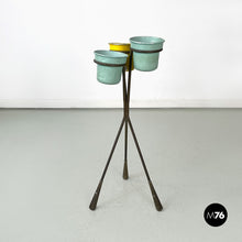 Load image into Gallery viewer, Brass and light blue and yellow metal floor ashtray, 1950s