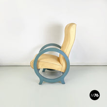 Load image into Gallery viewer, Armchair in beige leather and light blue wood, 1980s