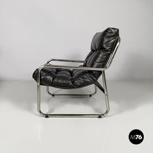 Charger l'image dans la galerie, Armchairs in metal and black faux leather, 1970s