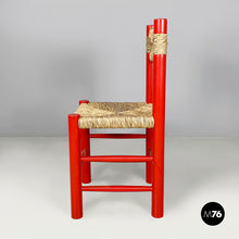 将图片加载到图库查看器,Chairs in red wood and straw, 1970s