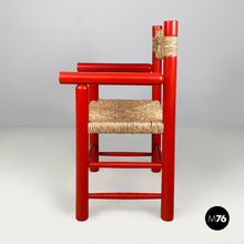 Charger l'image dans la galerie, Chairs with armrests in red wood and straw, 1970s