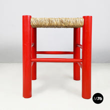 Load image into Gallery viewer, Stool in red wood and straw, 1970s