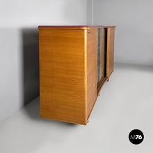 画像をギャラリービューアに読み込む, Sideboard in wood, glass and burgundy leather, 1960s