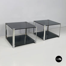 画像をギャラリービューアに読み込む, Coffee tables in smoked glass and chromed metal, 1980s