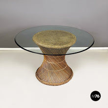 Load image into Gallery viewer, Round dining table in glass and rattan, 1960s