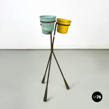 Load image into Gallery viewer, Brass and light blue and yellow metal floor ashtray, 1950s