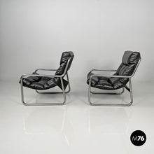 将图片加载到图库查看器,Armchairs in metal and black synthetic leather, 1970s